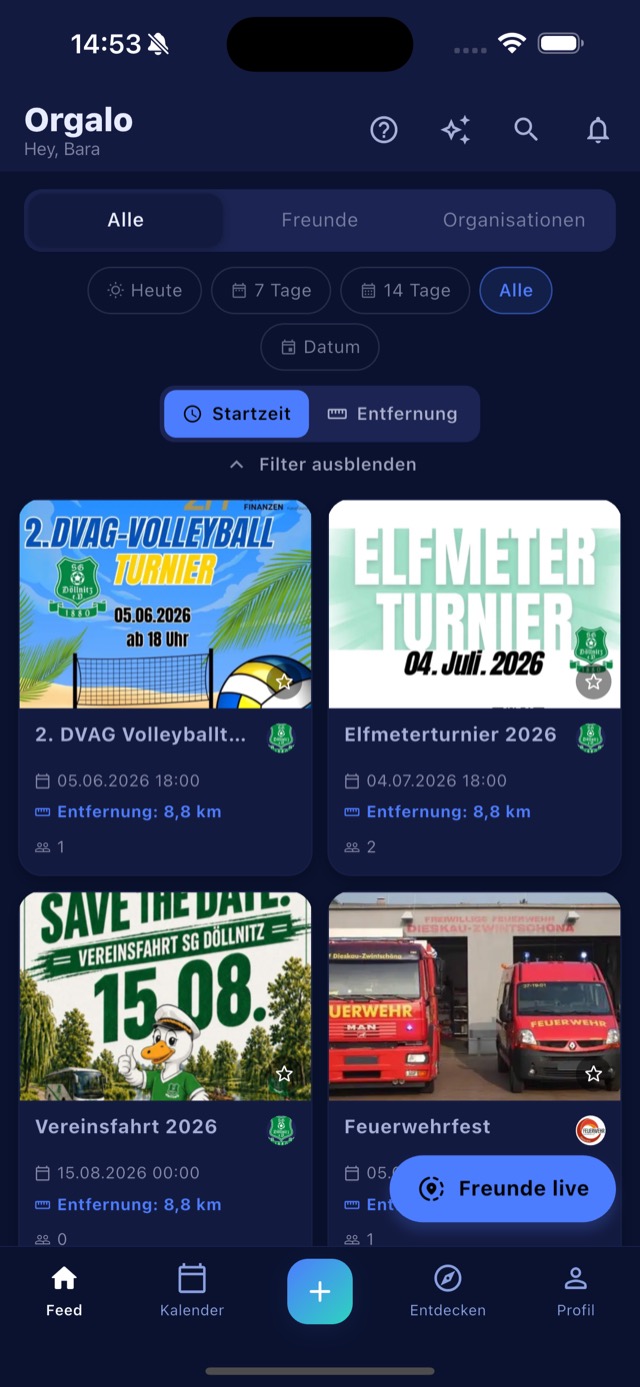 Orgalo Feed-Ansicht mit lokalen Events